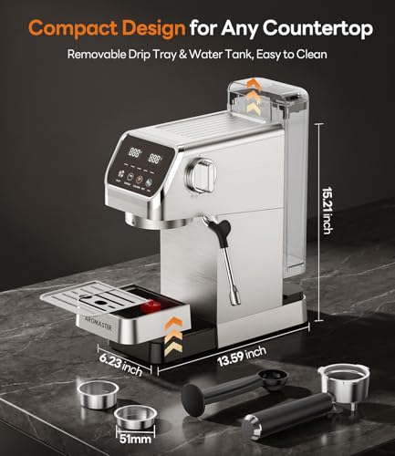 Aromaster Espresso Machine 20 Bar with Milk Frother, Easy to Use Compact Espresso Maker with Touchscreen, Fast Heat 1400W for Latte & Cappuccino, Stainless Steel Coffee Machine for Home & Office