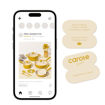 CAROTE 21pcs Cookware Set Nonstick Pots and Pans Set, Ceramic Cookware Set Induction Cookware, Non toxic Healthy Non Stick Kitchen Cooking Set, PFAS PTFE Free