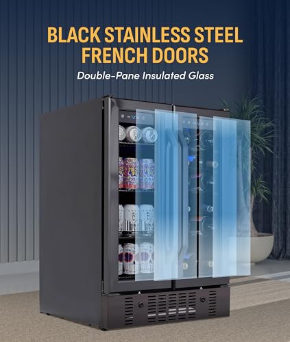 NewAir 24" Dual Zone Beverage Refrigerator & Wine Cooler for 18 Bottles & 58 Cans | Freestanding or Built-In Under Counter Mini Fridge for Beer, Wine and Soda | Black Stainless Steel