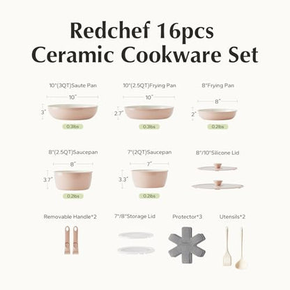 Redchef Pans and Pots Set Nonstick, Ceramic Cookware Set with Detachable Handles 16Pcs, Induction Dishwasher Oven Safe Kitchen Cooking Set, PFAS PFOA & PTFE Free, Pink
