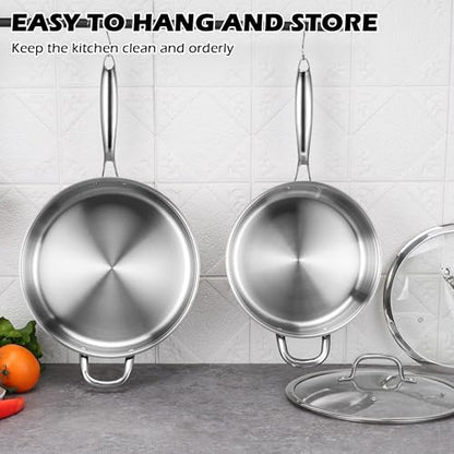 E-far 12 Inch Deep Frying Pan with Lid, 6 Quart Tri-Ply Stainless Steel Saute Pan, Kitchen Skillet, Healthy Non-toxic Cooking Pan for Induction Ceramic Gas Stoves, Heavy Duty, Oven & Dishwasher Safe