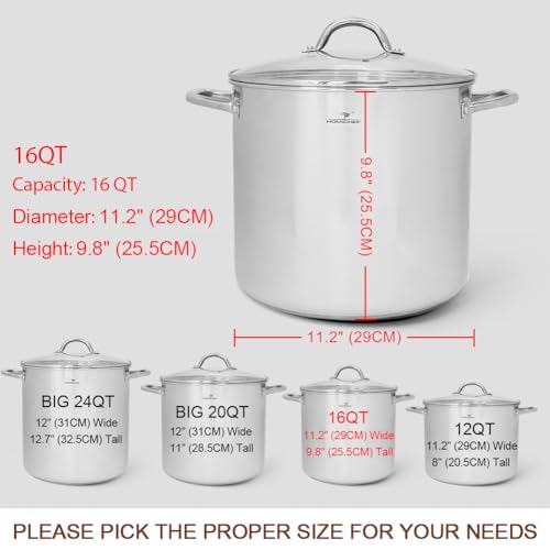 HOMICHEF 16 Quart LARGE Stock Pot with Glass Lid - NICKEL FREE Stainless Steel Healthy Cookware Stockpots with Lids 16 Quart - Mirror Polished Induction Cooking Pot