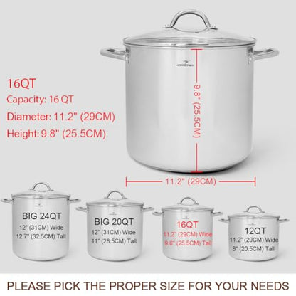 HOMICHEF 16 Quart LARGE Stock Pot with Glass Lid - NICKEL FREE Stainless Steel Healthy Cookware Stockpots with Lids 16 Quart - Mirror Polished Induction Cooking Pot