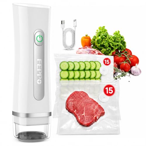 FEPPO Vacuum Sealer for Food with Visible Water Tank, Handheld Saver Compact Vacuum Sealer Machine with 30 Reusable Bags for 6X Preservation & Fresh, White