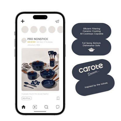 CAROTE 21pcs Cookware Set Nonstick Pots and Pans Set, Ceramic Cookware Set Induction Cookware, Non toxic Healthy Non Stick Kitchen Cooking Set, PFAS PTFE Free, Blue