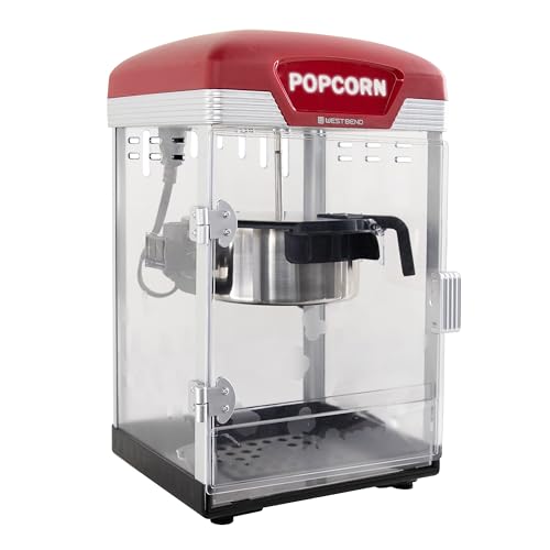 West Bend Stir Crazy Movie Theater Popcorn Popper, Popcorn Maker Machine with Nonstick Popcorn Kettle, Measuring Tool and Popcorn Scoop for Popcorn Machine, 4 Qt., Red