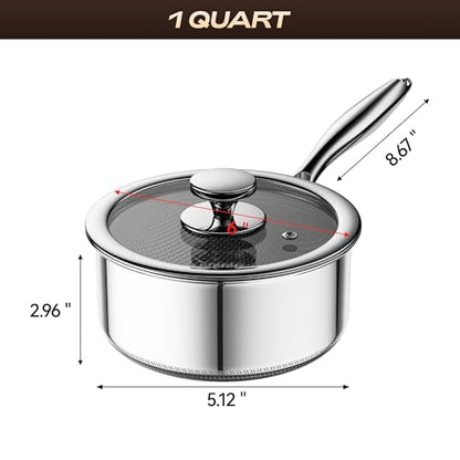 ZEROPAN 1 Quart Stainless Steel Saucepan with Glass Lid,6 Inch Hybrid Nonstick Sauce Pan,PFAS PFOA PTFE Free,Stay-Cool Handle,Dishwasher-Friendly,Oven-Safe,Small Pots Compatible with All Cooktops