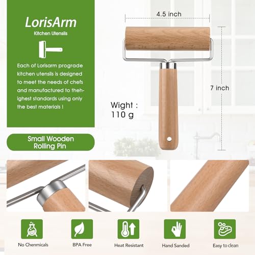 LorisArm Small Rolling Pin with Handle, Wooden Dough Pastry Roller, Non-Stick Pizza Rollers, mini Dough Wood Roller for Home Kitchen Baking Cooking