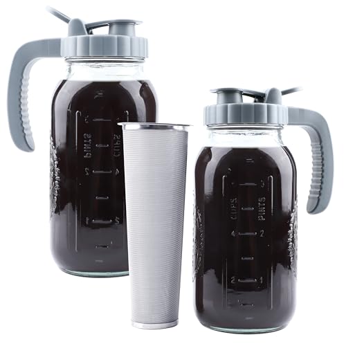 Cold Brew Coffee Maker 64 OZ 2 Pack Mason Jar Cold Brew Pitcher With Infuser 2 Quart Wide Mouth Iced Coffee Maker With Pour Spout Lid And Handle Half Gallon Airtight & Leakproof Pitcher For Fridge