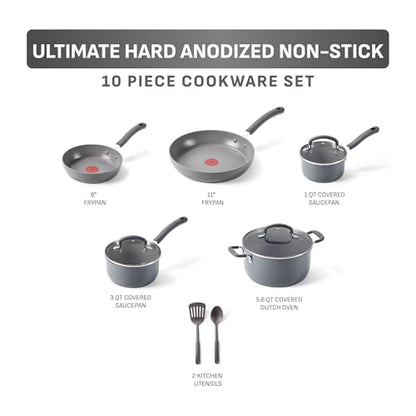T-Fal Ultimate Hard Anodized Nonstick 10 Piece Cookware Set, Oven Safe Up to 400°F, Dishwasher Safe, Pots and Pans Set, Includes Frying Pans, Saucepan, Stockpot, Cooking Utensils, Stone