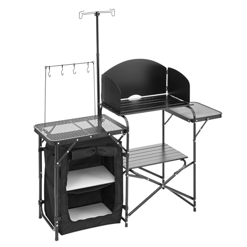 VEVOR Camping Kitchen Table, Outdoor Camp Cooking Table, Aluminum Portable Cook Station with Storage Cupboard, Carrying Bag, Detachable Windscreen, Quick Set-up for BBQ Party Picnic RV Travel, Black