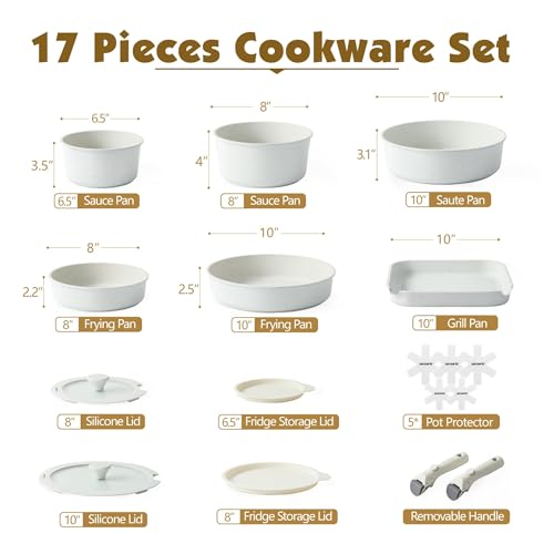 SENSARTE 17 Piece Pots and Pans Set, Nonstick Detachable Handle Cookware Set, Induction Kitchen Cookware Set with Removable Handle, Healthy Non Stick for RV, Dishwasher ＆ Oven Safe, PFOA Free (White)
