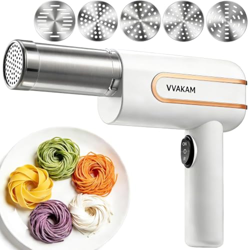 Electric Pasta Maker Machine, Potato Ricer, Automatic Noodle Maker Machine with Powerful Motor, Cordless Handheld Noodle Machine for Kitchen Home Restaurant (White, 5-IN-1)