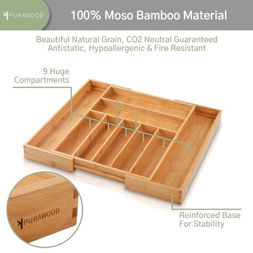 Purawood - Large Premium Bamboo Silverware Organizer - Expandable Kitchen Drawer & Utensil Organizer, 17" x 19.75" Cutlery Tray with Drawer Dividers for Kitchen Flatware (7-9 Slots) (Natural)