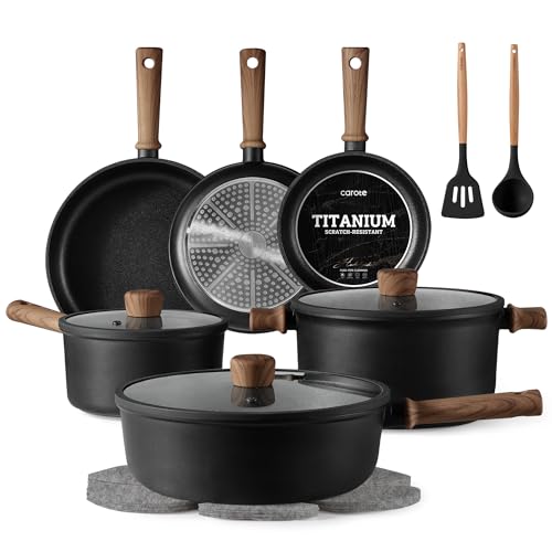 CAROTE Nonstick Pots and Pans, Induction Titanium Cookware Set 16pcs Kitchen Cooking Sets, Pot and Pan Non Stick w/Frying pan (PFOS, PFOA Free)