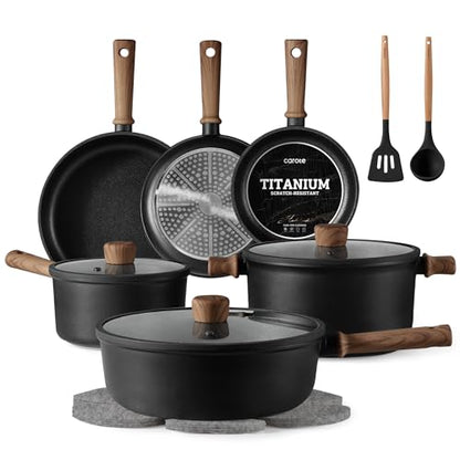 CAROTE Nonstick Pots and Pans, Induction Titanium Cookware Set 16pcs Kitchen Cooking Sets, Pot and Pan Non Stick w/Frying pan (PFOS, PFOA Free)