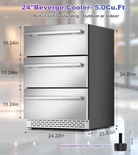 RLPI 3 Drawer Outdoor Beverage Refrigerator Undercounter, Hold 180 Cans 24 inch Weather Proof Stainless Steel Beverage Fridge, Built-in & Freestanding Beverage Cooler Fridge for Soda, Beer, Fruit
