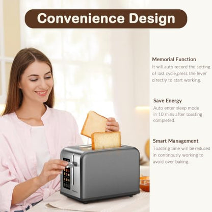 Mecity 2 Slice Touch Screen Toaster, 1.5" Wide Slot, Stainless Steel Smart Toaster for Bagels, Muffins, Waffles, Gluten-Free Breads, Defrost, Reheat, Timer, 120V 825W, Grey Pearl