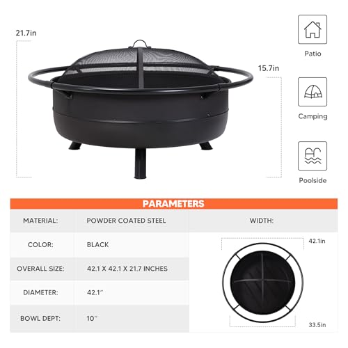 SUNCREAT 42" Outdoor Portable Fire Pit with Spark Screen, Fire Poker, Wood Burning Patio Fire Pits with Protective Ring, Black