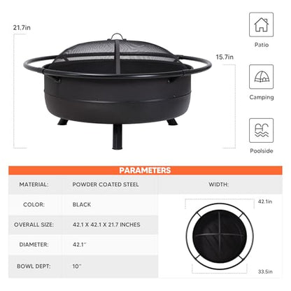 SUNCREAT 42" Outdoor Portable Fire Pit with Spark Screen, Fire Poker, Wood Burning Patio Fire Pits with Protective Ring, Black