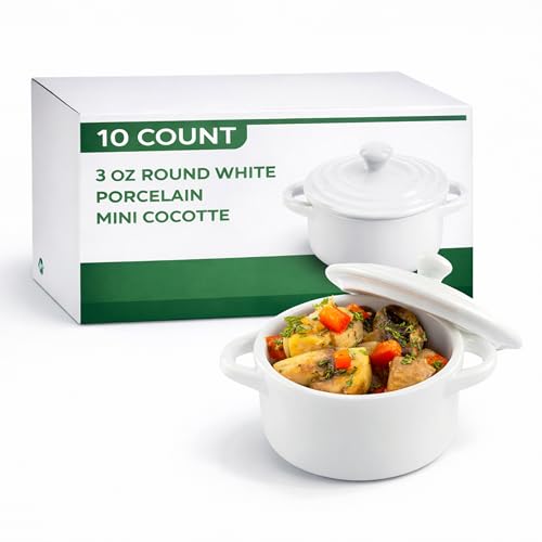 Restaurantware 3 Ounce Mini Cocotte 10 Oven-Safe Mini Dishes - Built-In Handles Microwave-Safe White Porcelain Mini Dutch Oven With Lid Dishwasher-Safe For Baking Appetizers Or Desserts