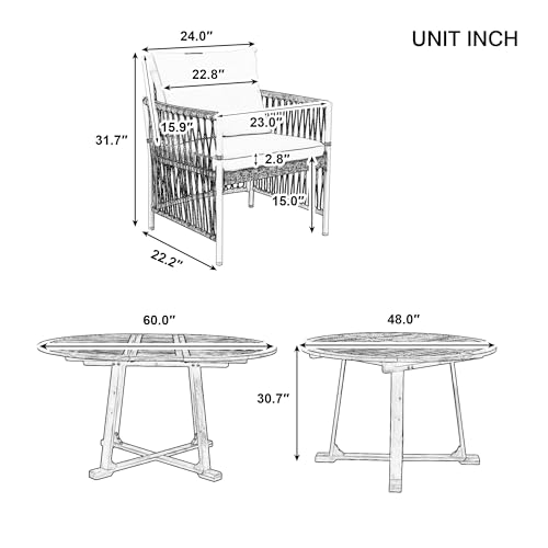 VilroCaz 5-Piece Outdoor Patio Dining Set, All-Weather Acacia Wood Extendable Round Dining Table with 12inch Butterfly Leaf and 4 Rattan Arm Chairs for Backyard, Balcony, Garden, Poolside