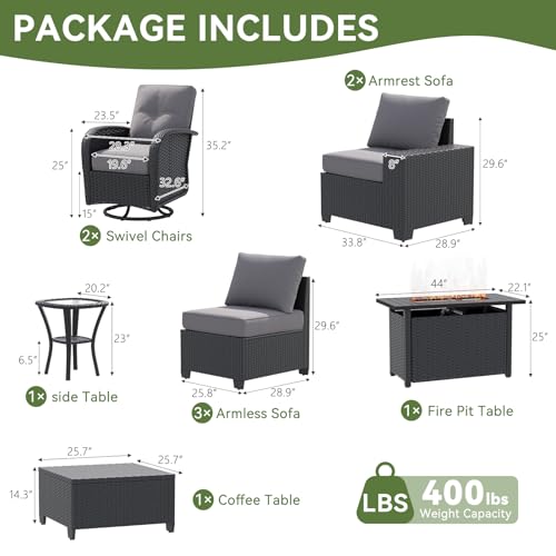 LazySunsets 10 PCS Patio Furniture Set with 44'' Fire Pit Table, Outdoor Sectional All-Weather Wicker Conversation Set with Swivel Rocker Chairs, 4'' Thick Cushions for Backyard Poolside(Crey/Black)