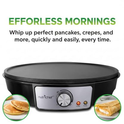 Nutrichef Electric Crepe Maker Pan & Griddle | 12 Inch Nonstick Cooktop | LED Indicators & Adjustable Temperature Control | Includes Spatula, Batter Spreader | Cooks Crepes, Roti & Pancakes