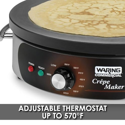 Waring Commercial Crepe Maker, 16" Cast Iron Cooking Surface, 570°F Adjustable Thermostat, for Restaurants & Commercial Kitchens, 120V, WSC160X