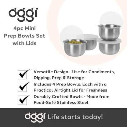 OGGI Set of 4 Stainless Pinch Bowls - 4 fl oz with Lids, Ideal Salt & Pepper Bowls, Mini Storage Bowls, White Lid