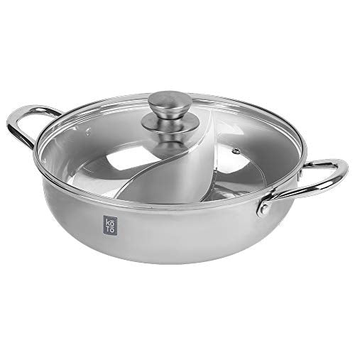 KOTO 304 Stainless Steel Divided Hot Pot – 11”, 4.5L Shabu Shabu Pot with S-Shaped Divider for Spicy & Mild Broths (Double-Sided)