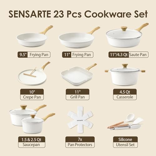 SENSARTE Nonstick Ceramic Cookware Set, 23 PCS Pots and Pans Non Toxic, PFAS & PFOA Free, Non Stick Healthy Kitchen Cooking Set with Stay-Cool Handles, White