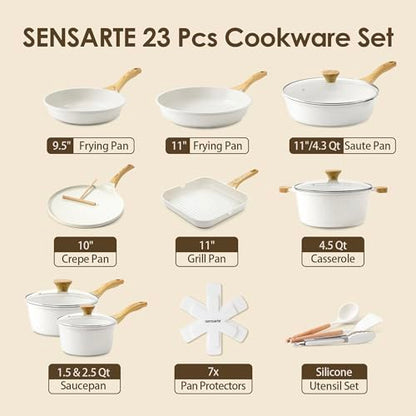 SENSARTE Nonstick Ceramic Cookware Set, 23 PCS Pots and Pans Non Toxic, PFAS & PFOA Free, Non Stick Healthy Kitchen Cooking Set with Stay-Cool Handles, White