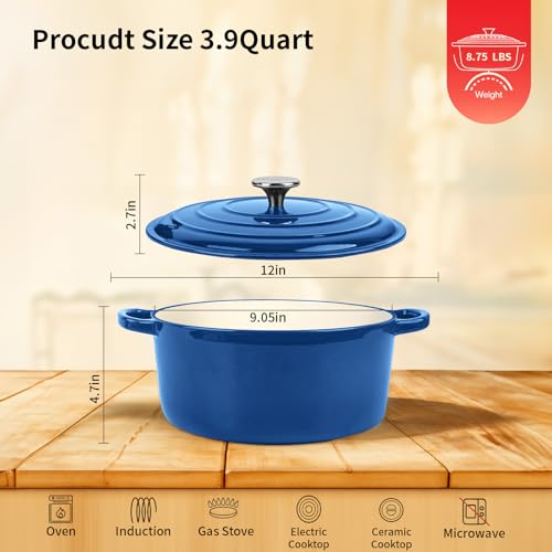 Enameled Cast Iron Dutch Oven Pot with Lid, 3.9 Quart Dutch Oven for Bread Baking, Oven Safe up to 500° F, Suitable for Bread Baking, Braising, Roasting, Stews, Blue