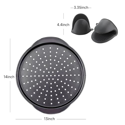 Arimagroup 2 Pack 13 Inch Pizza Pan for Oven,Round Carbon Steel Pizza Pan with Holes, Pizza Tray with 2 Silicone Gloves，for Baking, Grilling