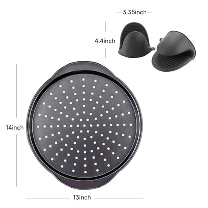 Arimagroup 2 Pack 13 Inch Pizza Pan for Oven,Round Carbon Steel Pizza Pan with Holes, Pizza Tray with 2 Silicone Gloves，for Baking, Grilling
