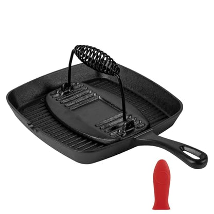 Tastedeli Cast Iron Grill Pan,9.25" Pre Seasoned Skillet with Pour Spouts,Silicone Handle Cover for Indoor and Outdoor Grilling,Durable Oven Safe,Stove Campfire Use(Black)