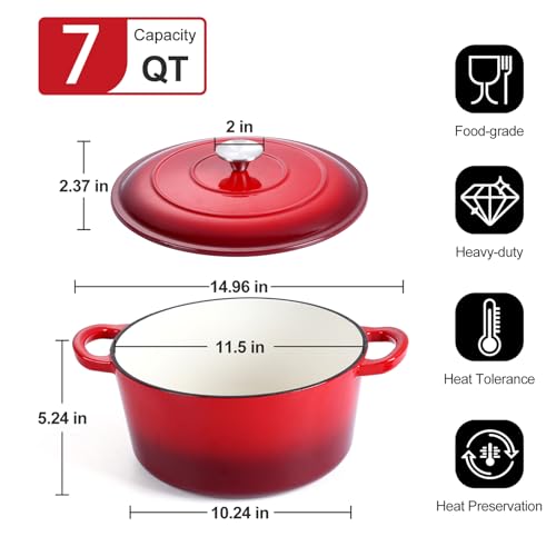 P&P CHEF 7QT Enameled Dutch Oven, Cast Iron Dutch Oven Pot with Lid for Bread Baking, Enameled Casserole Pot for Roasting Braising Stewing Frying Simmering, Various Stoves & Easy Clean, Red