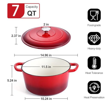 P&P CHEF 7QT Enameled Dutch Oven, Cast Iron Dutch Oven Pot with Lid for Bread Baking, Enameled Casserole Pot for Roasting Braising Stewing Frying Simmering, Various Stoves & Easy Clean, Red