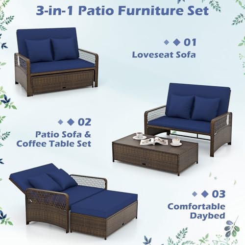 Tangkula Patio Rattan Daybed with 4-Level Adjustable Backrest, Navy