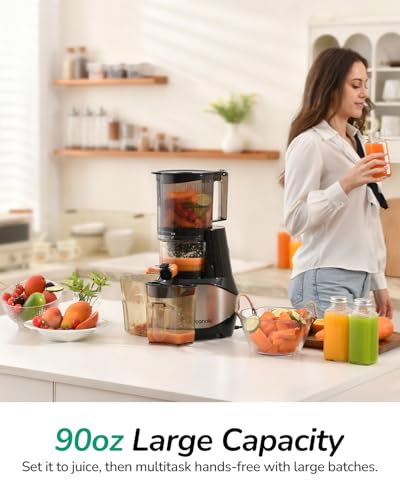 Canoly C09 Cold Press Juicer, 6" Extra Wide Feed Chute, 3-IN-1 Strainers (Juice & Sorbet & Nut Milk), Powerful AC Brushless Motor, Self Precut System, Juicer Machines with BPA-Free (Classic)