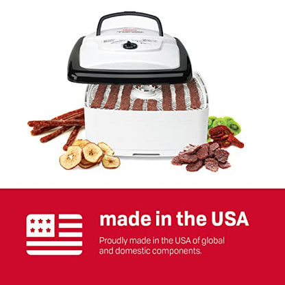 NESCO FD‑80A Square Food Dehydrator for Snacks, Fruit, Beef Jerky, 4‑Tray White Electric Dehydrator with Even Heat Drying