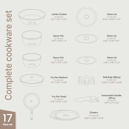 Bakken 17-Piece Ceramic Coated Aluminum Cookware Set, Nonstick Pots and Pans with Lids, Silicone Cooking Utensils & Oven Mitts, All Stovetop Safe Up To 500°F, PTFE & PFAS Free, Dishwasher Safe