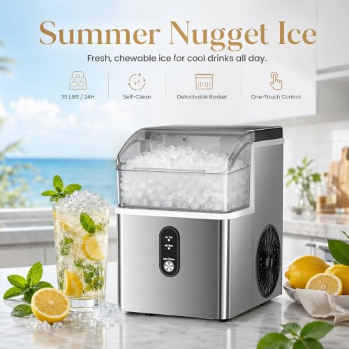 Kismile Nugget Ice Makers Countertop,35Lbs/24H,Portable Sonic Ice Machine with Self-Cleaning,One-Click Operation for Home/Office(Stainless Steels Silver)