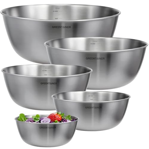 Greentainer 5-Piece Stainless Steel Mixing Bowls Set for Kitchen, Nesting Bowls with Measurement Markings for Baking, Prepping, Cooking and Serving Food, Metal Mixing Bowls Dishwasher Safe