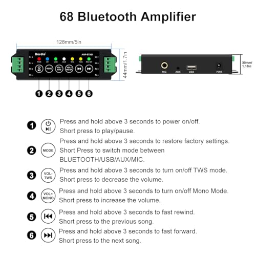 Herdio 6.5 Inch 800W Outdoor Bluetooth Speakers Wired Waterproof with Multifunctional Amplifier, Wall Mount Speaker System for Patio Home Poolside Deck Backyard(2 Pairs,Black)