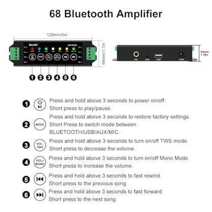 Herdio 6.5 Inch 800W Outdoor Bluetooth Speakers Wired Waterproof with Multifunctional Amplifier, Wall Mount Speaker System for Patio Home Poolside Deck Backyard(2 Pairs,Black)