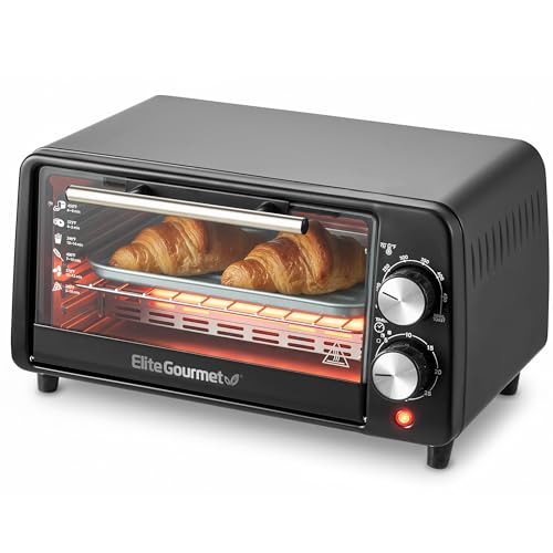 Elite Gourmet ETO449X Countertop Toaster Oven, 9.5Qt / 4-Slice Capacity, Fits 8'' Pizza, 800W Quartz Heating, 200–450°F Adjustable Temperature, 30-Min Timer, Compact Mini Oven, Black