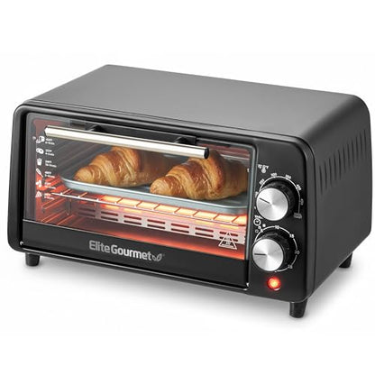 Elite Gourmet ETO449X Countertop Toaster Oven, 9.5Qt / 4-Slice Capacity, Fits 8'' Pizza, 800W Quartz Heating, 200–450°F Adjustable Temperature, 30-Min Timer, Compact Mini Oven, Black