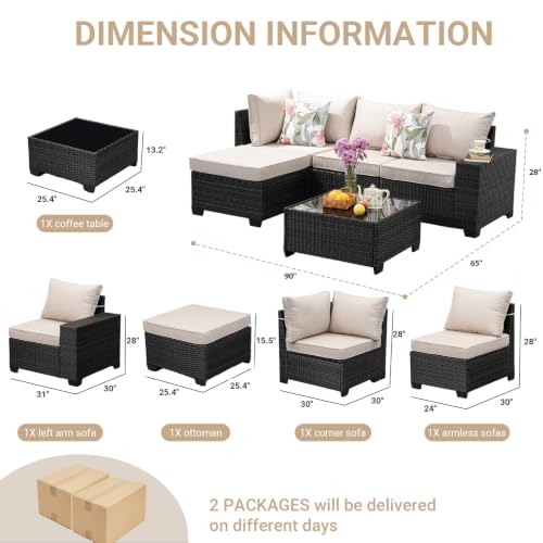 Jing's Villa 5-Piece Patio Furniture Set, All-Weather Outdoor Wicker Sectional Sofa with Cushions, Tempered Glass Table & Ottoman, Rattan Conversation Seating for Porch, Garden, Backyard,Beige